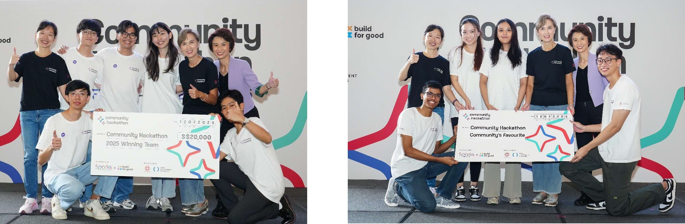 Two photos of Community Hackathon award ceremonies. Left image: Eight people celebrating with a ceremonial cheque for S$20,000 made out to "Community Hackathon 2025 Winning Team," with participants giving thumbs up and one person playfully covering their face. Right image: Seven people holding a ceremonial cheque labeled "Community Hackathon Community's Favourite," with participants arranged in two rows against the same branded backdrop featuring colorful curved design elements.